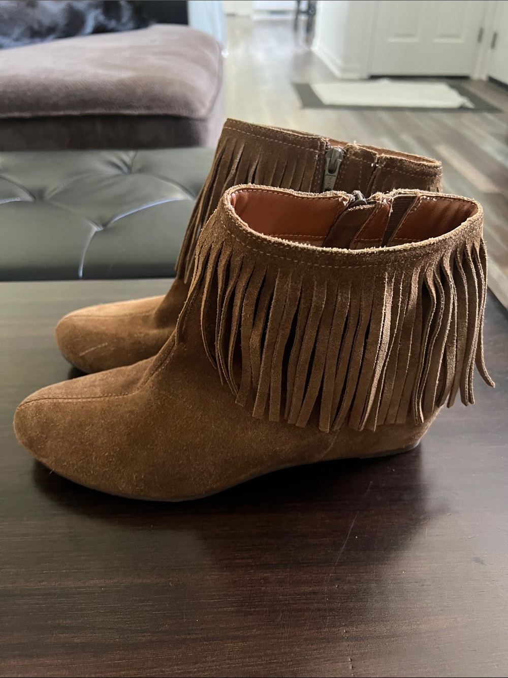 Comfortiva Brown Suede Fringe Ankle Boots